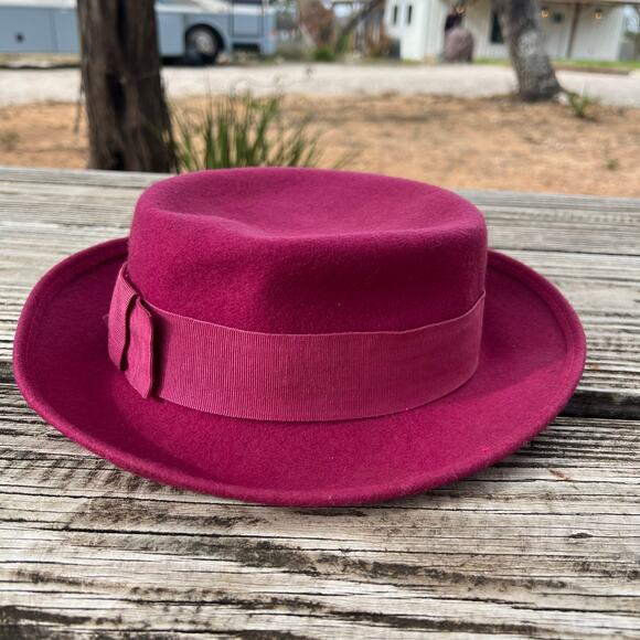 Vintage Nordstrom Magenta Wool Hat | Italy 90s Blossom Style Bow Boater Pork Pie - Picture 3 of 11